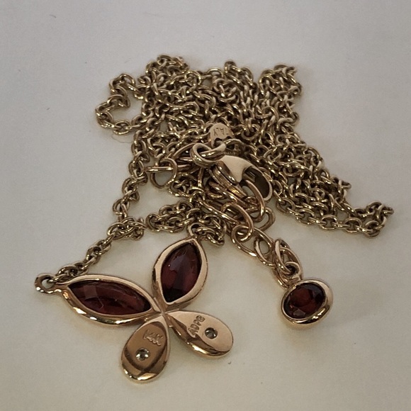 Solid Stamped 14K Yellow Gold Italy Natural Garnet & Diamond Butterfly Necklace - Picture 9 of 16